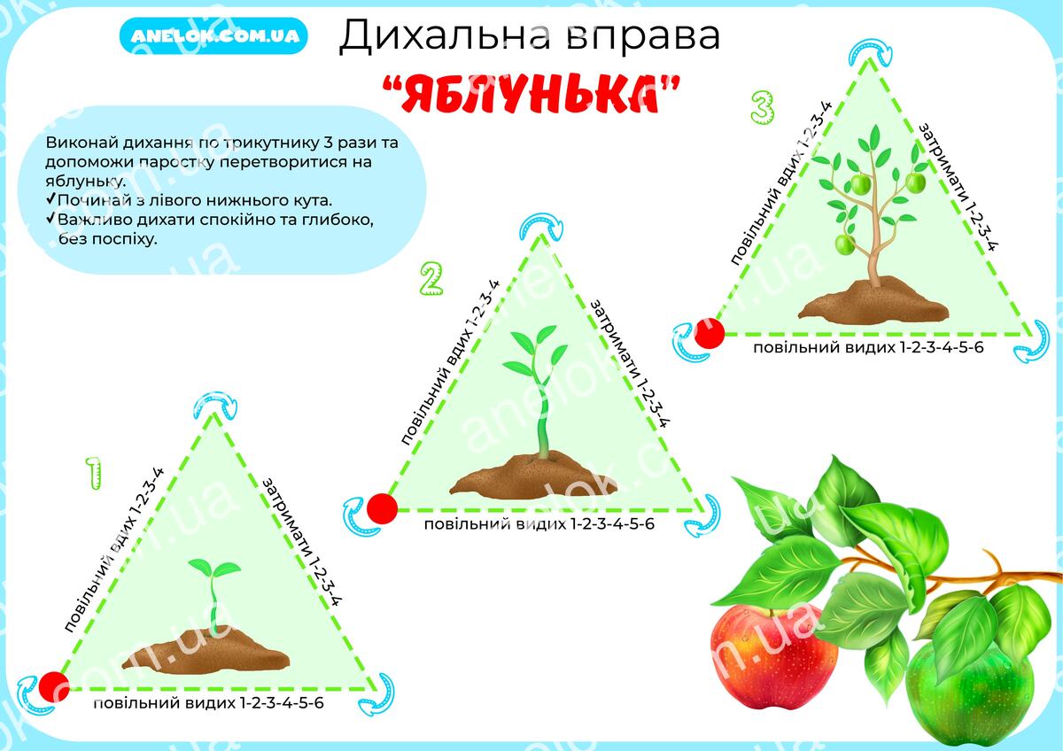 Дихальна вправа Яблунька — вдих, затримка дихання та повільний видих
