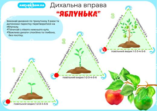 Дихальна вправа Яблунька — вдих, затримка дихання та повільний видих